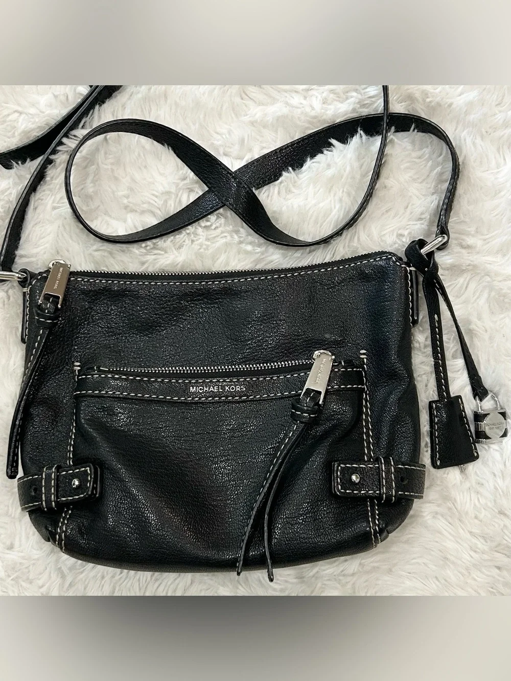 Michael Kors Black Crossbody Bag Purse Silver Hardware Zip Closure 10”x7” VGC